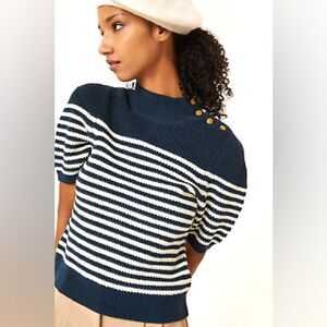 Anthropologie Maeve Divendra Knit Short Sleeve Sweater Top Navy Striped